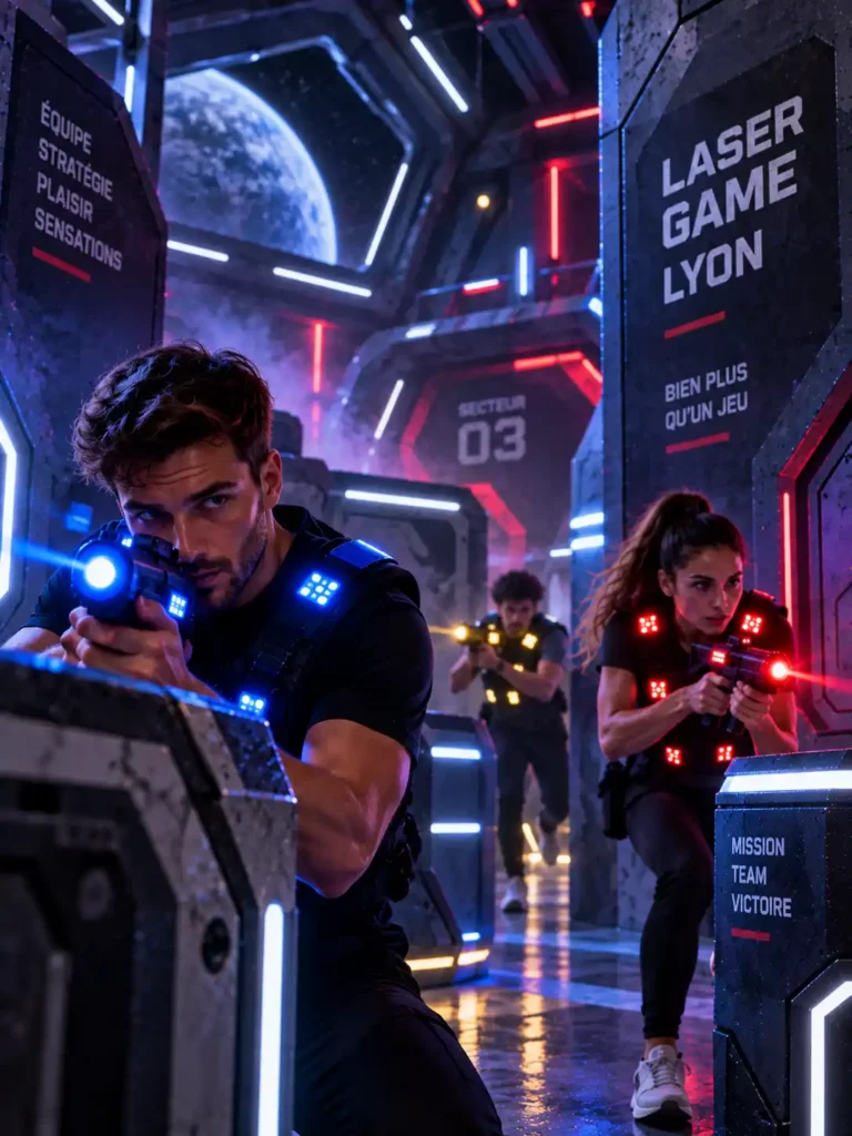 Joueurs de laser game dans une arène futuriste à Lyon