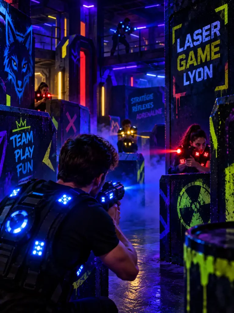 Partie de laser game dans une arène UV aux décors fluorescents