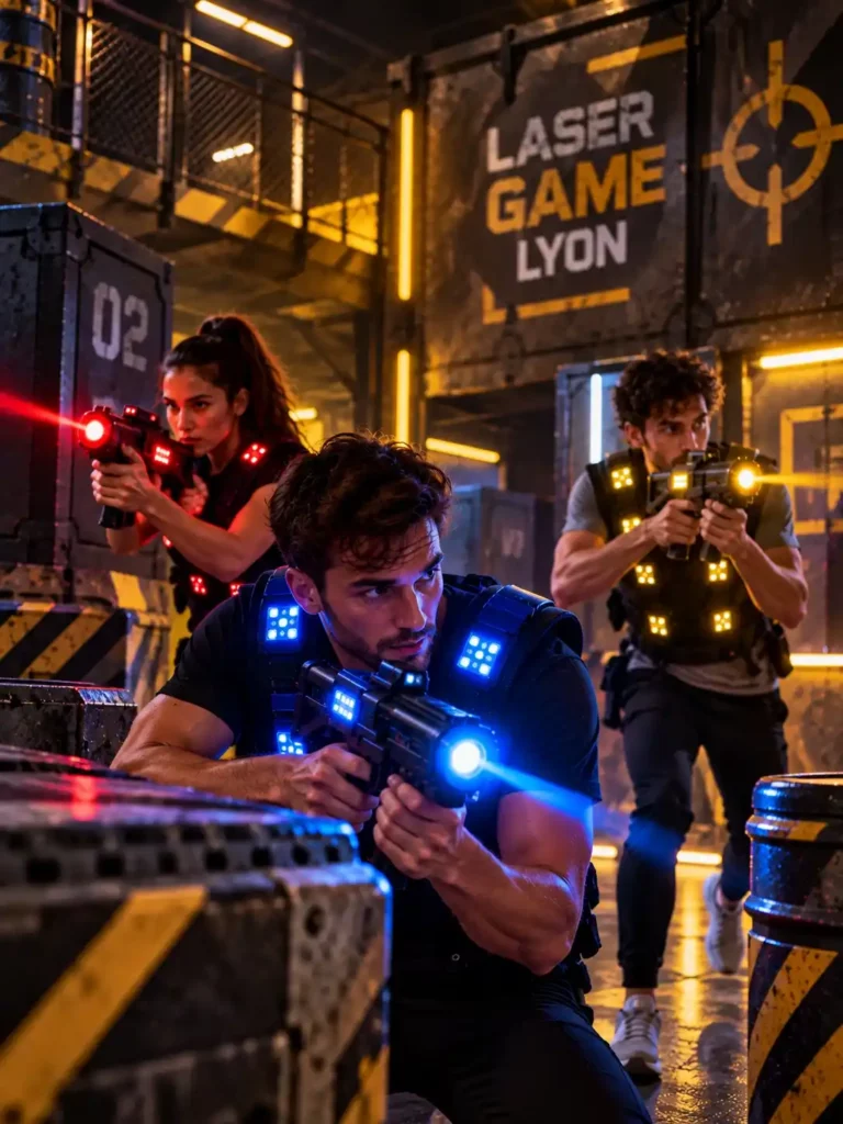 Trois joueurs en équipes dans une arène de laser game