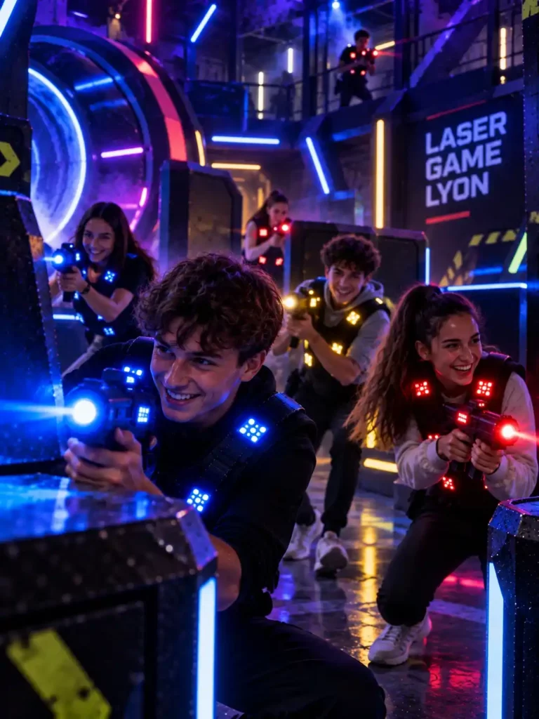 Groupe d'adolescents jouant au laser game à Lyon